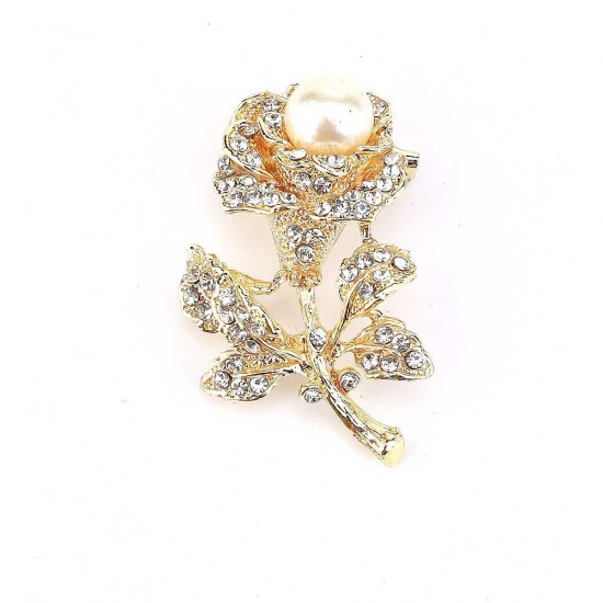 Crystal Stone And Pearl Rose Brooch