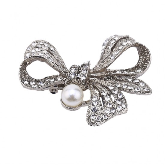 Silver Color Pearl Bow Brooch